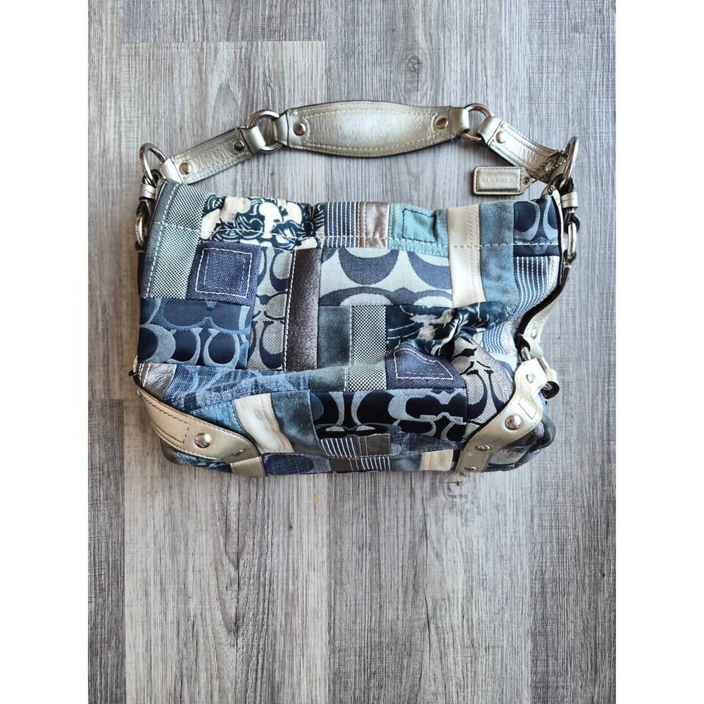 Coach Patchwork Shoulder Bag Blue Denim Jacquard Hobo F13720 Metallic Trim